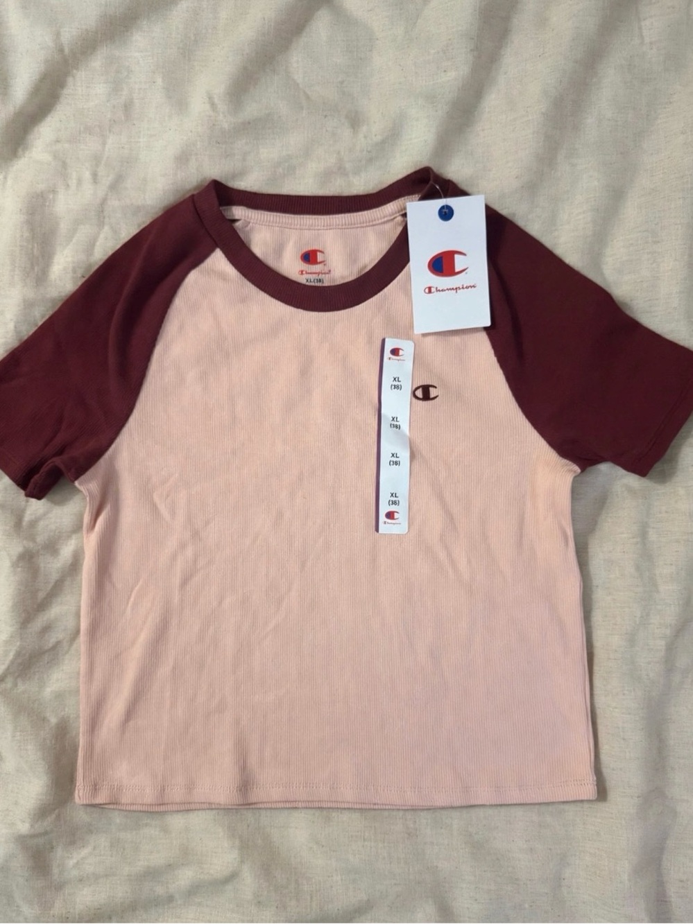 Champion Pink Tee with Burgundy Raglan Sleeves